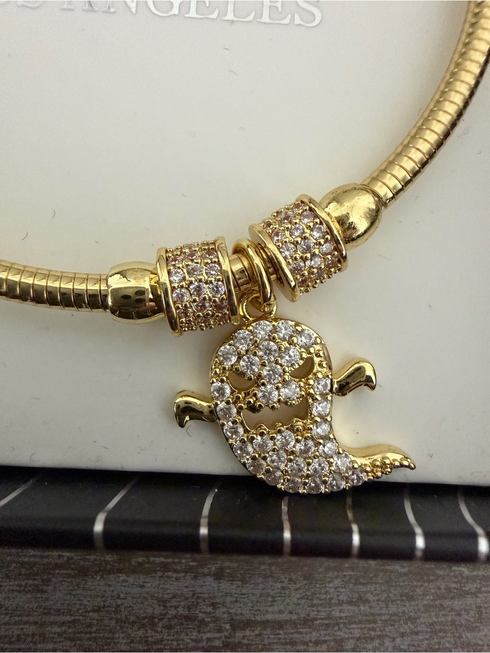 EyeCandy LA Halloween Gold Spooky Ghost Charm Snake Chain Bracelet CZ Brass NIB
